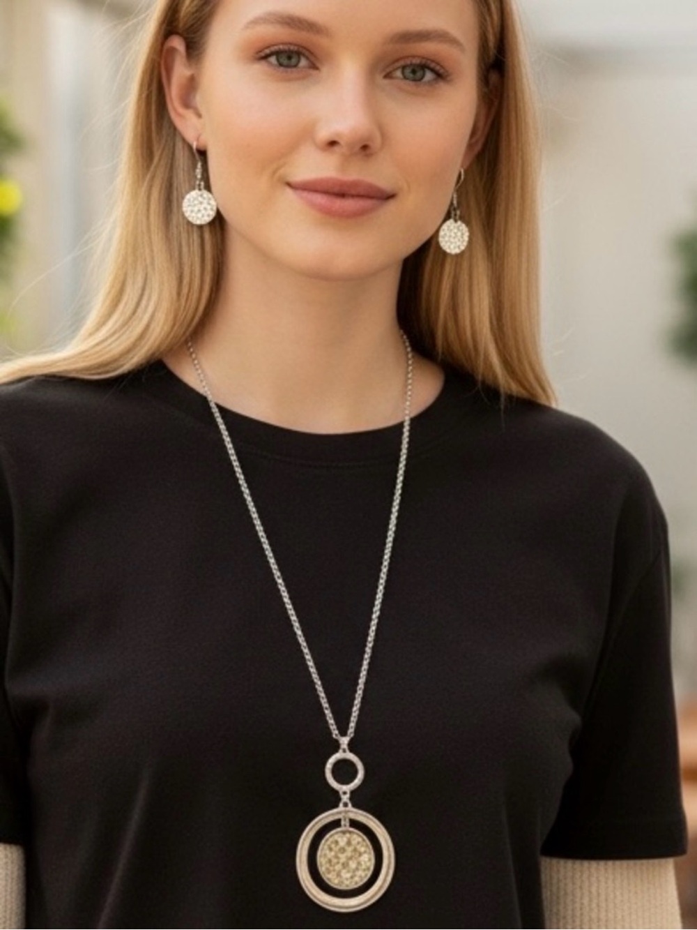 Silver-Tone Double Circle Pendant Necklace - Women Jewelry